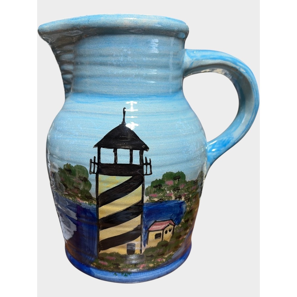 WCL Hand Painted Ceramic Lighthouse Pitcher Blue Coastal Nautical Pottery Jug